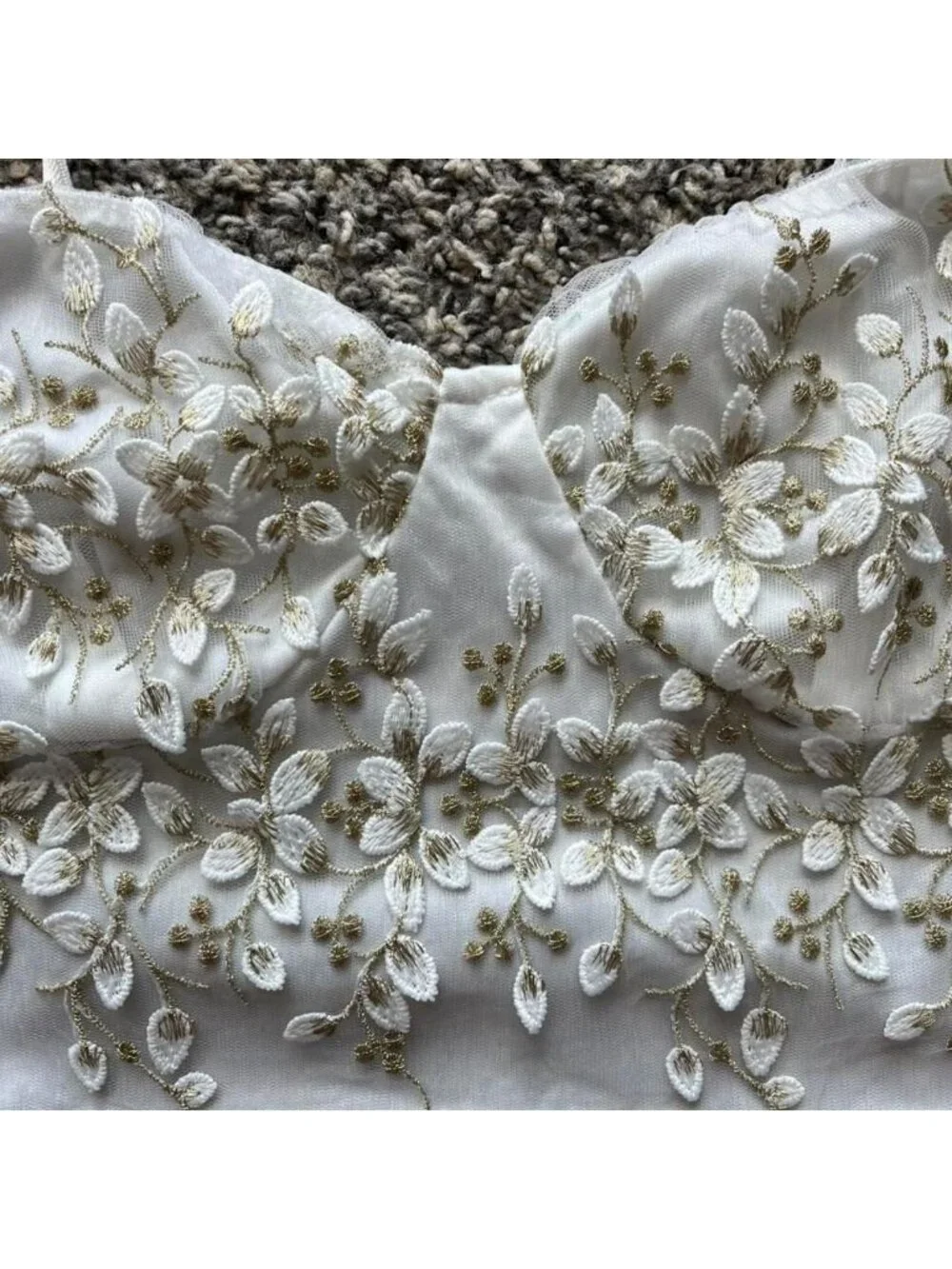 White & Gold Floral Embroidered Babydoll Corset XS/S Crop Top Summer Dainty Chic - Picture 2 of 8